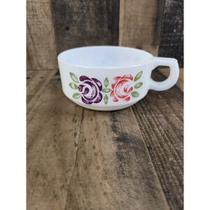 Vintage Milk Glass Soup Mug Chili Bowl Red Purple Rose Floral D-Handle White